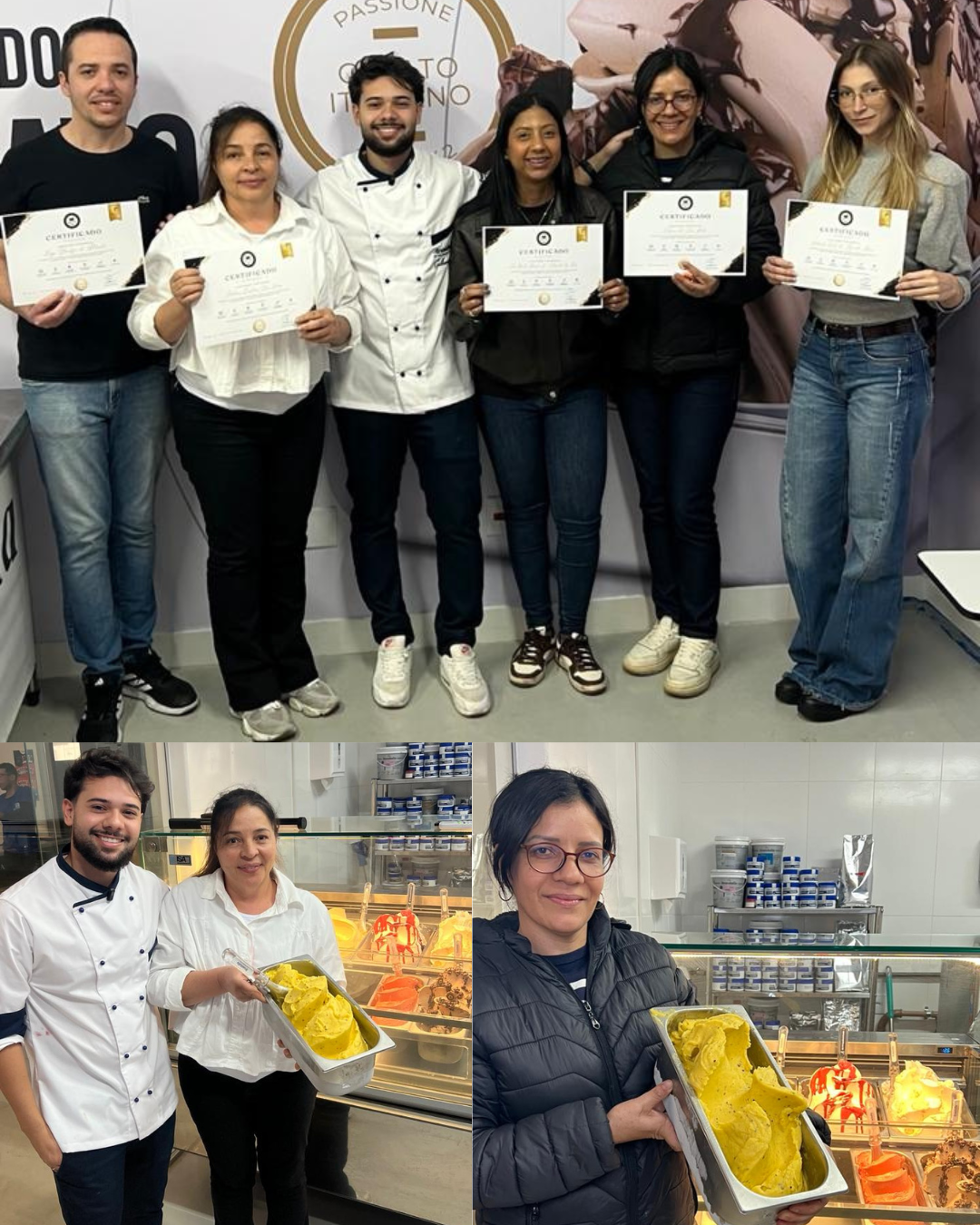 Alunos da Escola do Gelato FFood recebendo certificados e produzindo gelato em aula prática